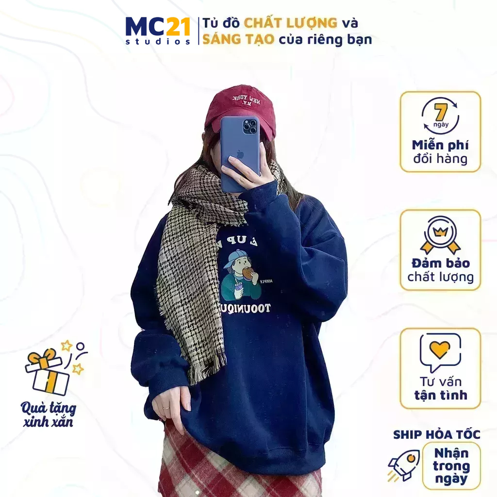 Áo sweater MC21.STUDIOS oversize Unisex nam nữ form rộng Ulzzang Streetwear Hàn Quốc chất nỉ lót lông cao cấp A3440