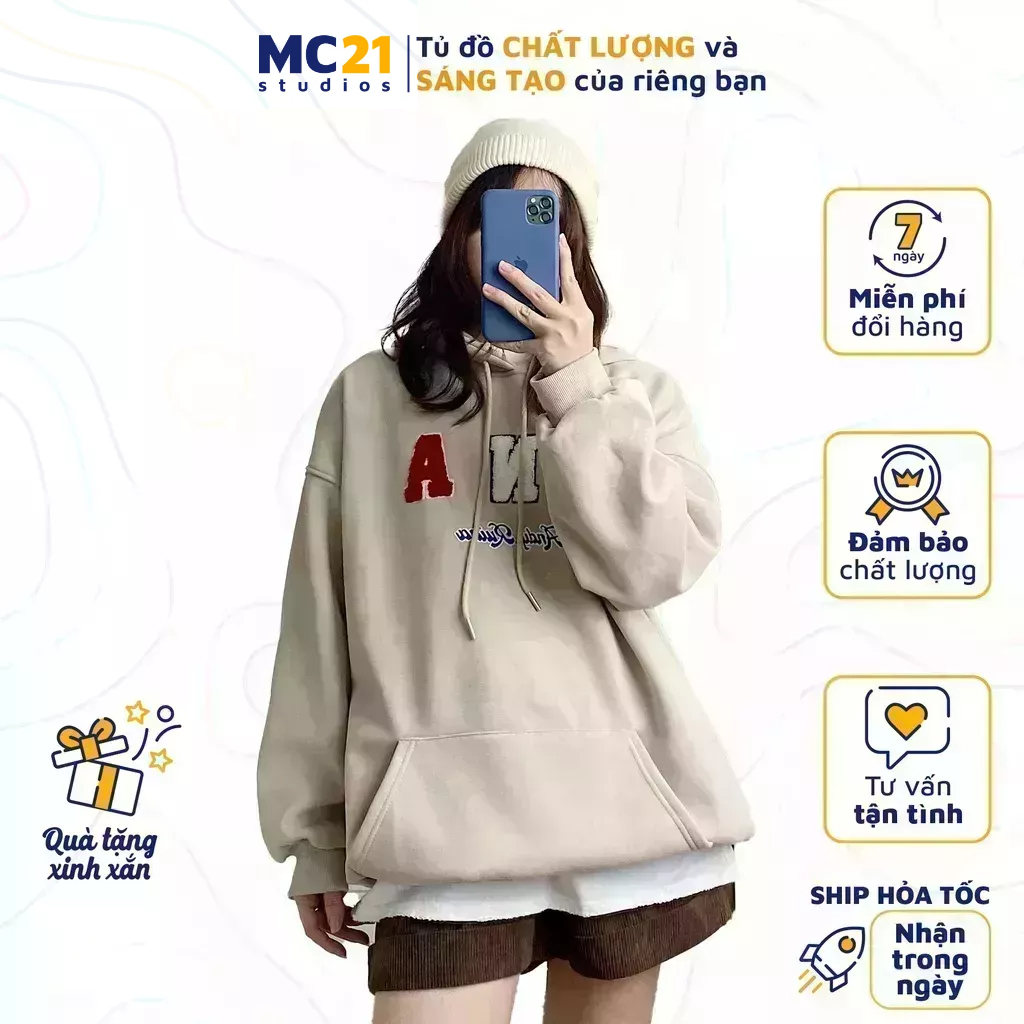 Áo hoodie oversize MC21.STUDIOS nam nữ Unisex form rộng Ulzzang Streetwear Hàn Quốc chất nỉ lót bông cao cấp A3418