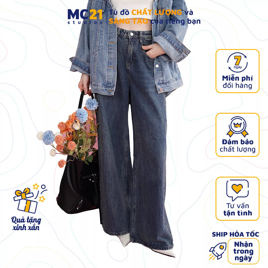 Quần jeans ống rộng MINIONCLOTHING lưng cạp cao dáng suông bigsize Ulzzang Streetwear chất jean bò Hàn Quốc Q3502