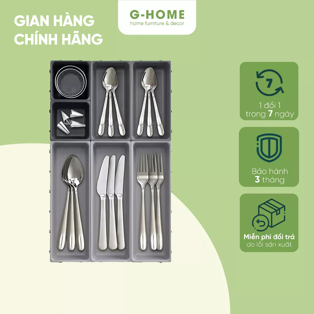 Khay chia thìa dĩa đũa nhiều ngăn Ghome khay nhựa đựng dụng cụ bếp đa năng có thể tháo dời NBM15