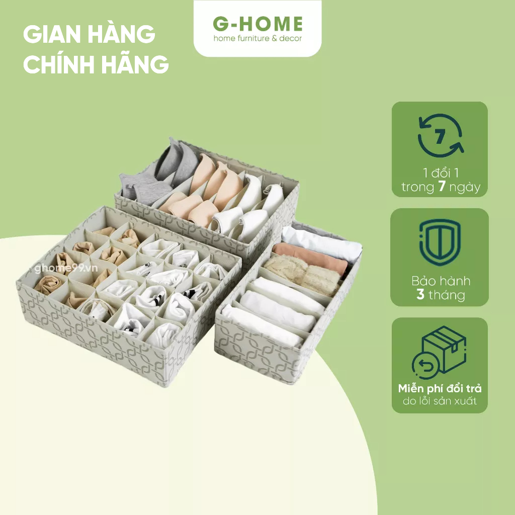 Combo 3 khay đựng đồ lót tất vớ nhiều ngăn GHOME set hộp vải quần áo đa năng chia ô gấp gọn TV22M2
