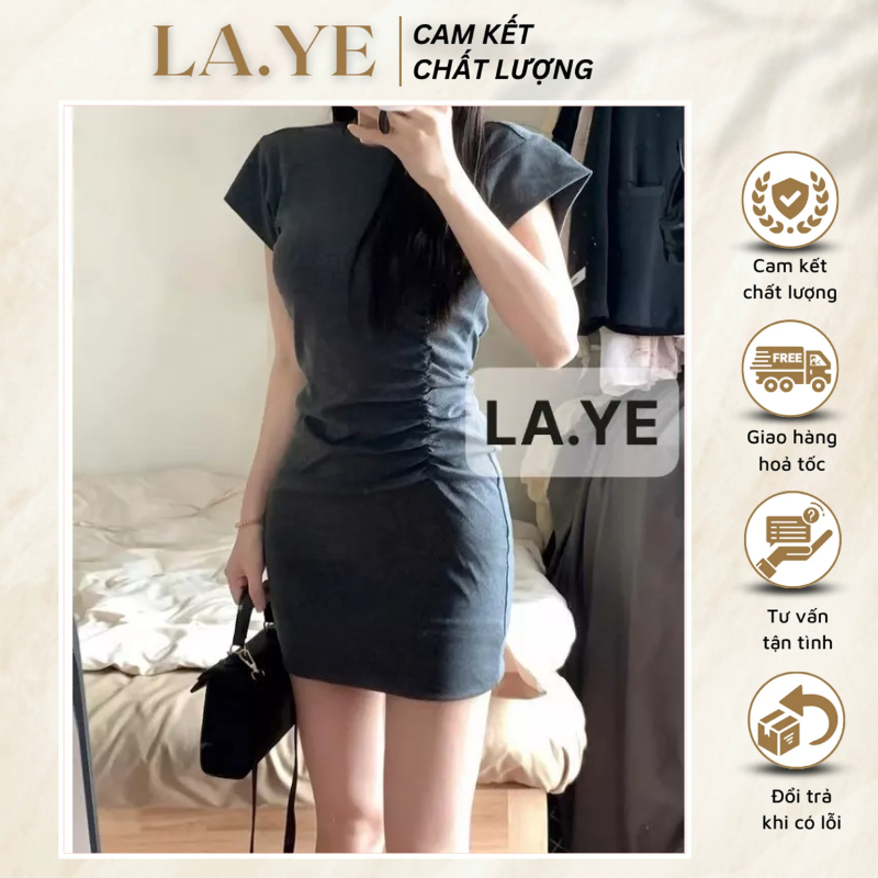 Váy Body Thun Cổ Tròn Nhún Eo - Váy Nữ Ôm Dáng Thời Trang Phong Cách Basic