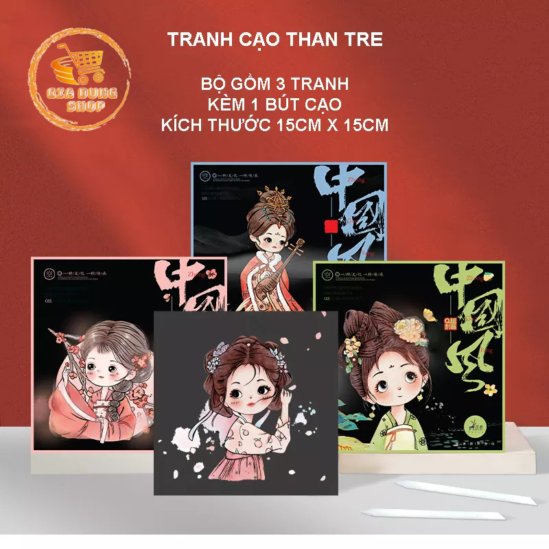 (Tặng Kèm Bút Cạo) Bộ 3 Tranh Cạo Than Tre, Tranh Cạo Chibi Cổ Trang Tự Hoàn Thành Về Các Cô Gái Kích thước 15cm x 15cm
