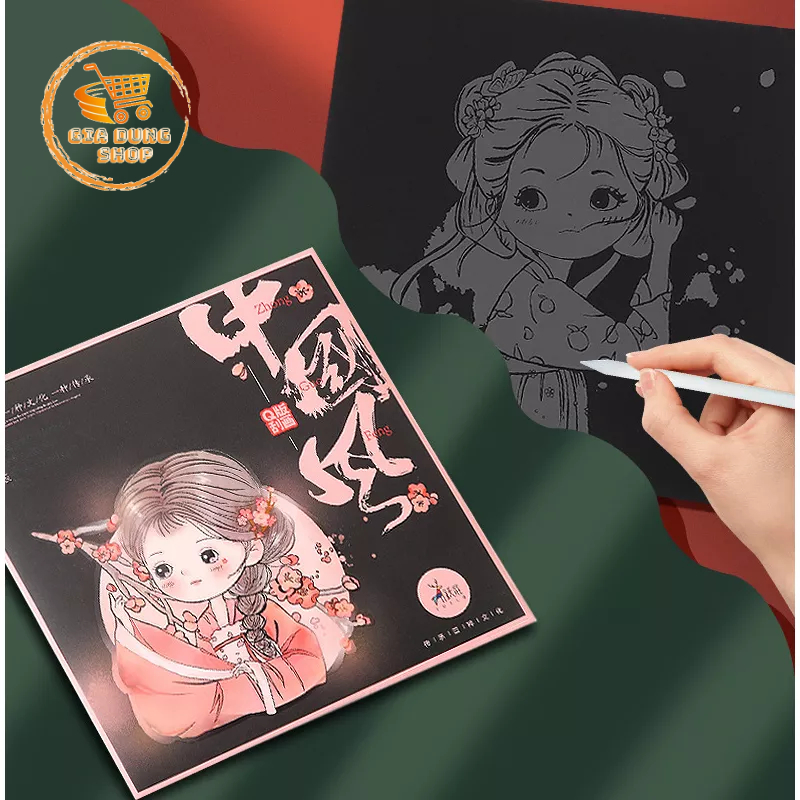 (Tặng Kèm Bút Cạo) Bộ 3 Tranh Cạo Than Tre, Tranh Cạo Chibi Cổ Trang Tự Hoàn Thành Về Các Cô Gái Kích thước 15cm x 15cm