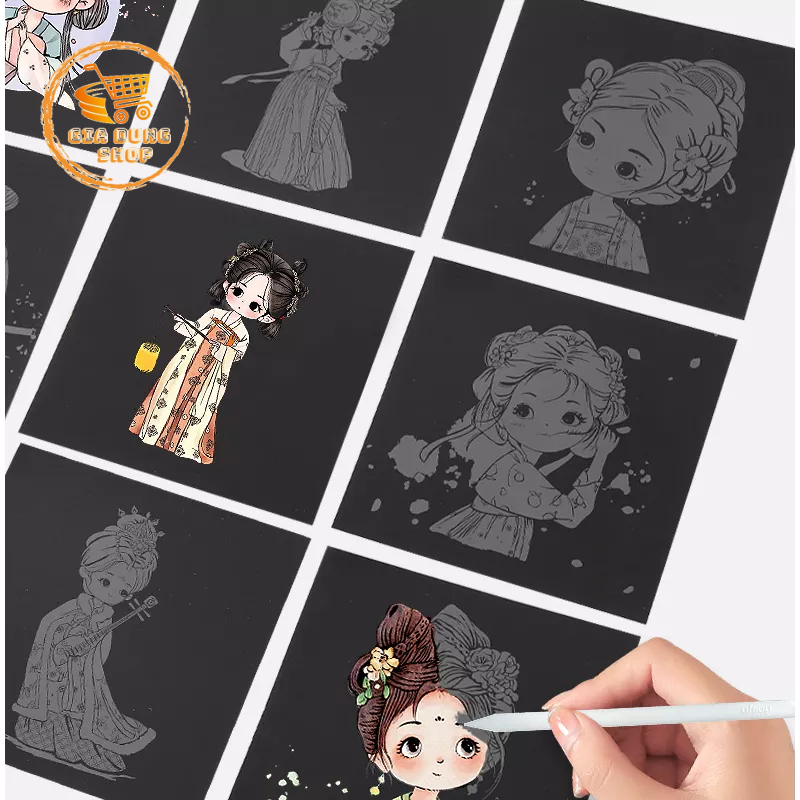 (Tặng Kèm Bút Cạo) Bộ 3 Tranh Cạo Than Tre, Tranh Cạo Chibi Cổ Trang Tự Hoàn Thành Về Các Cô Gái Kích thước 15cm x 15cm