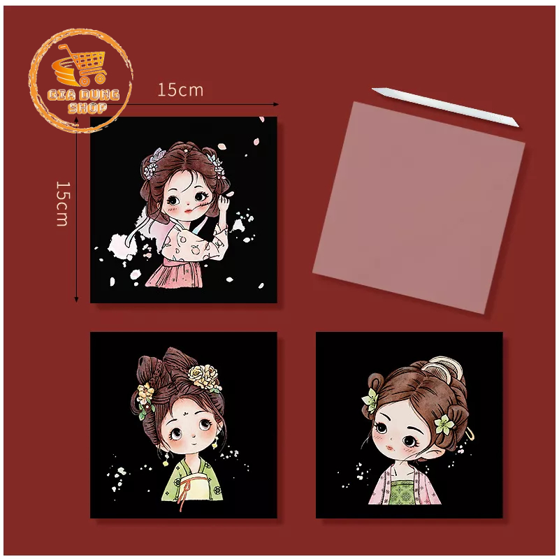 (Tặng Kèm Bút Cạo) Bộ 3 Tranh Cạo Than Tre, Tranh Cạo Chibi Cổ Trang Tự Hoàn Thành Về Các Cô Gái Kích thước 15cm x 15cm