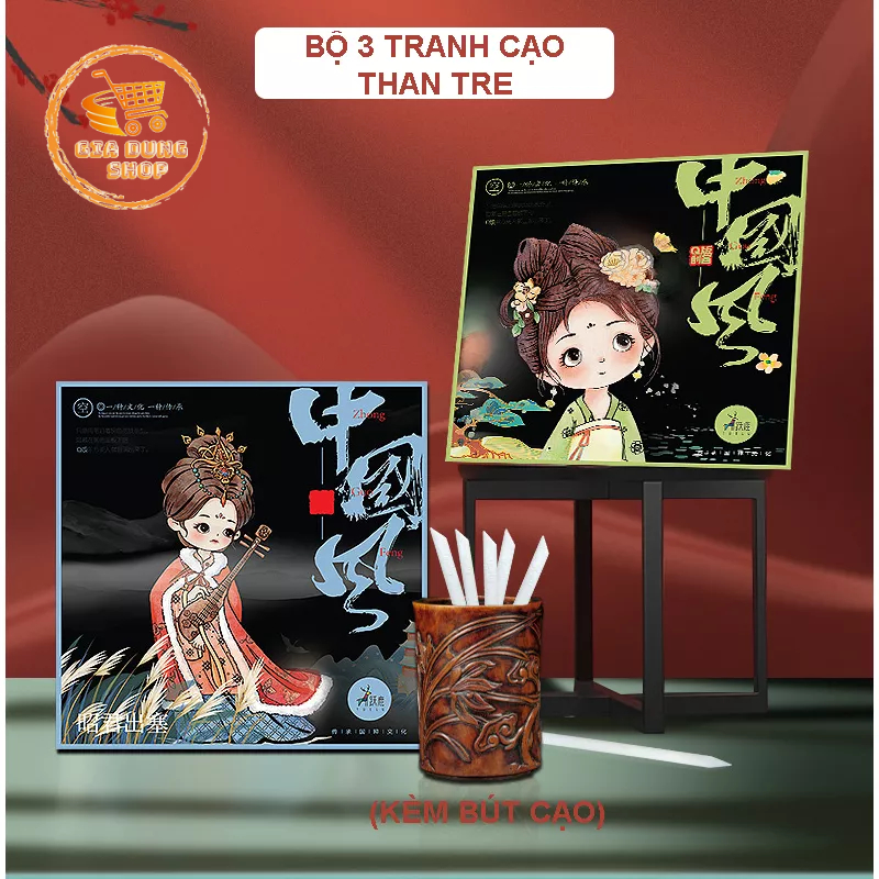 (Tặng Kèm Bút Cạo) Bộ 3 Tranh Cạo Than Tre, Tranh Cạo Chibi Cổ Trang Tự Hoàn Thành Về Các Cô Gái Kích thước 15cm x 15cm