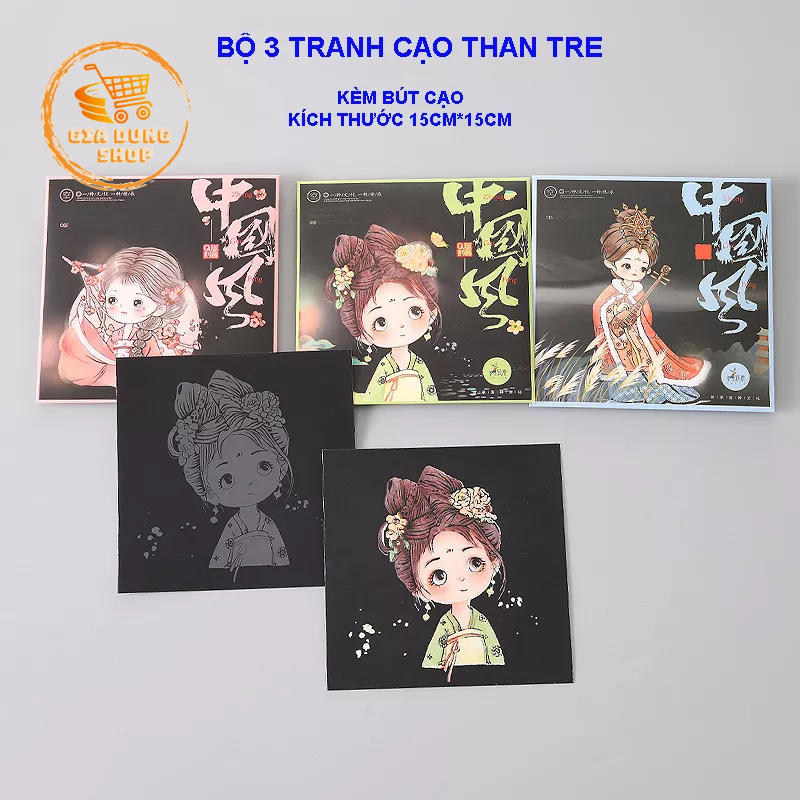 (Tặng Kèm Bút Cạo) Bộ 3 Tranh Cạo Than Tre, Tranh Cạo Chibi Cổ Trang Tự Hoàn Thành Về Các Cô Gái Kích thước 15cm x 15cm