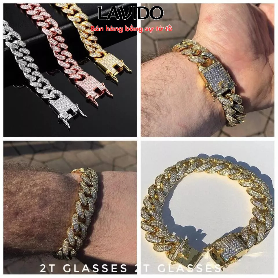 Vòng Tay Cuban lắc tay đính đá lấp lánh Binz Unisex Diamond hàng cao cấp cho dân hiphop LAVIDO