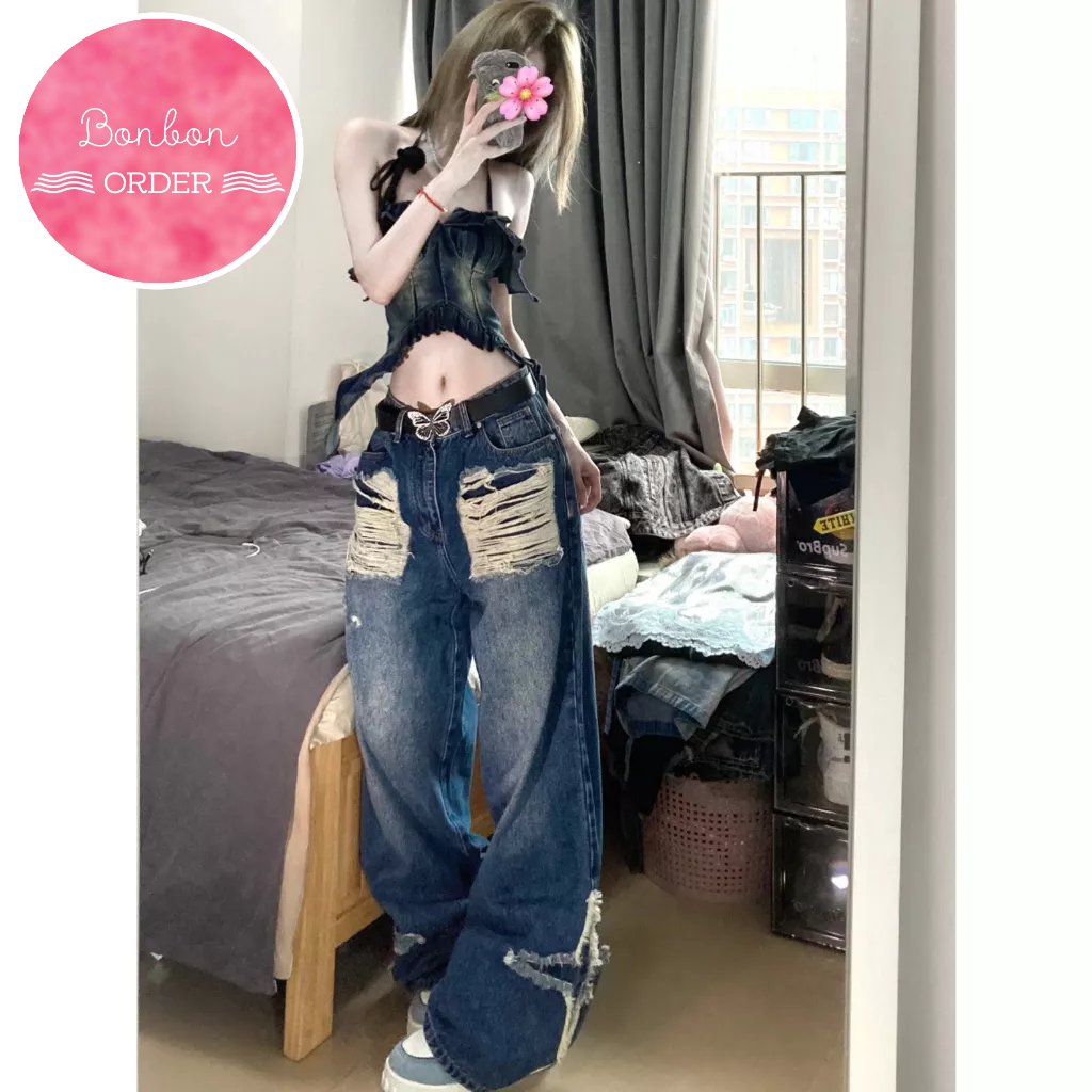 QUẦN JEAN ỐNG RỘNG PHỐI SAO - [Bonbon Order Ulzzang]