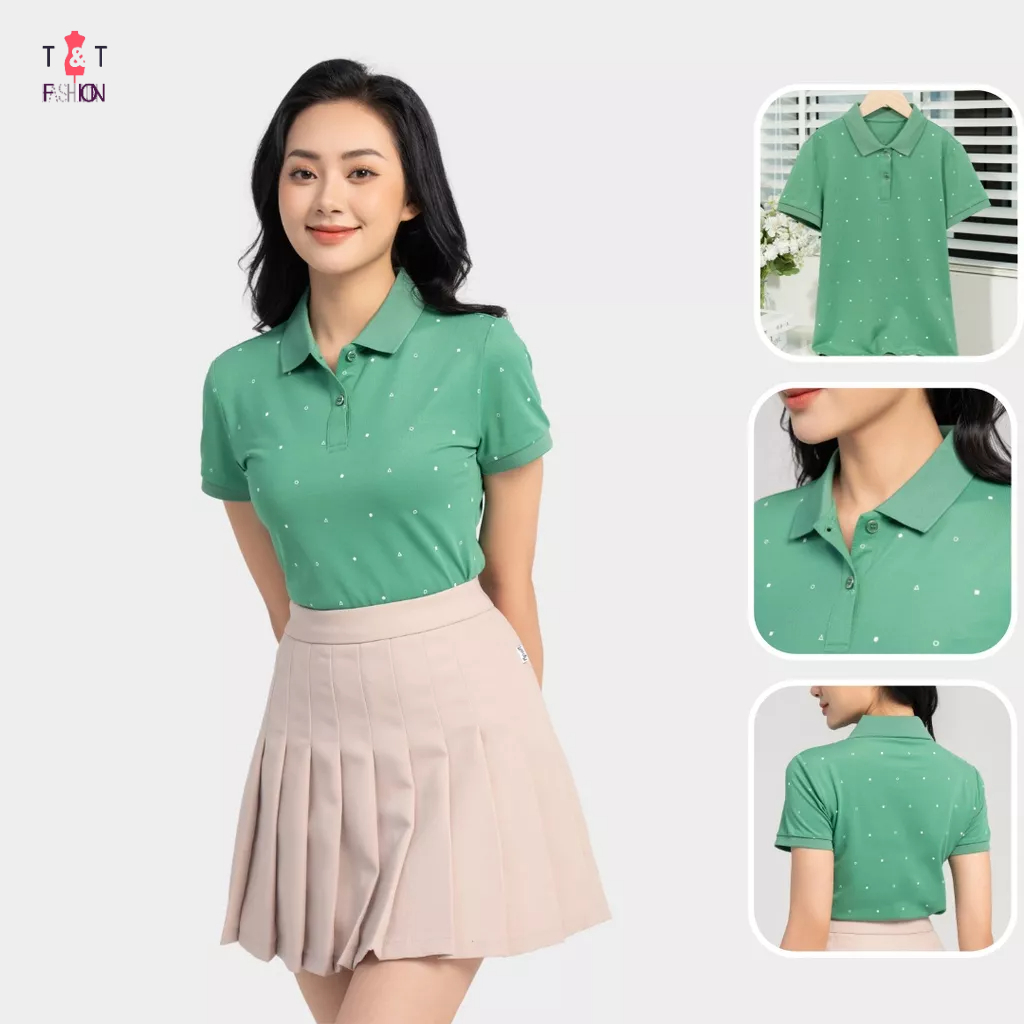 Áo polo nữ vải mắt chim in tràn hình học co giãn thấm hút mồ hôi