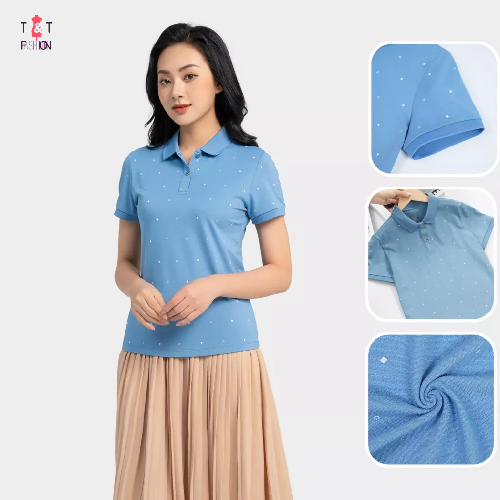 Áo polo nữ vải mắt chim in tràn hình học co giãn thấm hút mồ hôi