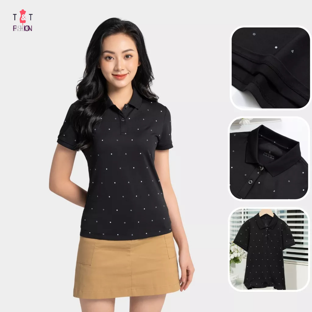 Áo polo nữ vải mắt chim in tràn hình học co giãn thấm hút mồ hôi