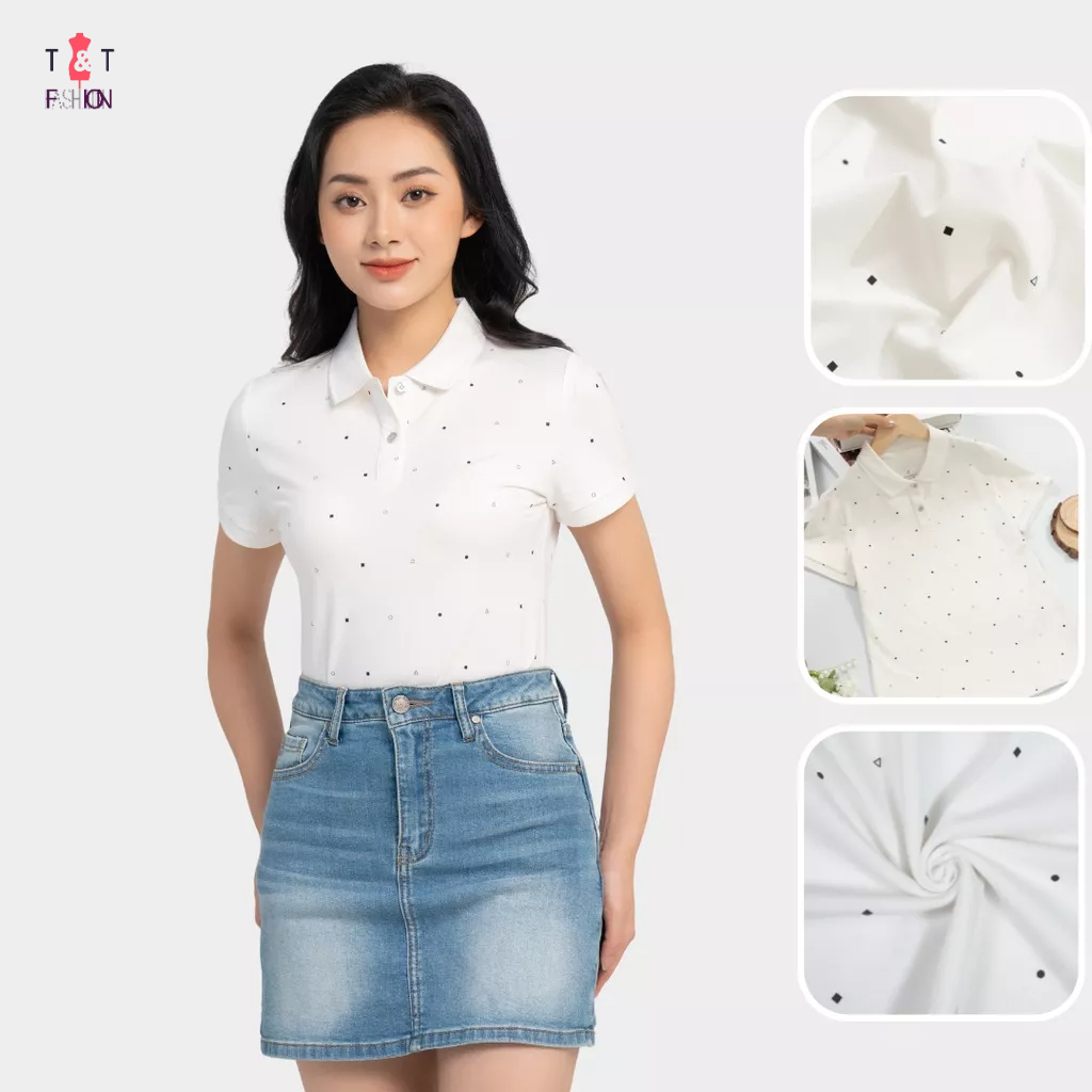 Áo polo nữ vải mắt chim in tràn hình học co giãn thấm hút mồ hôi