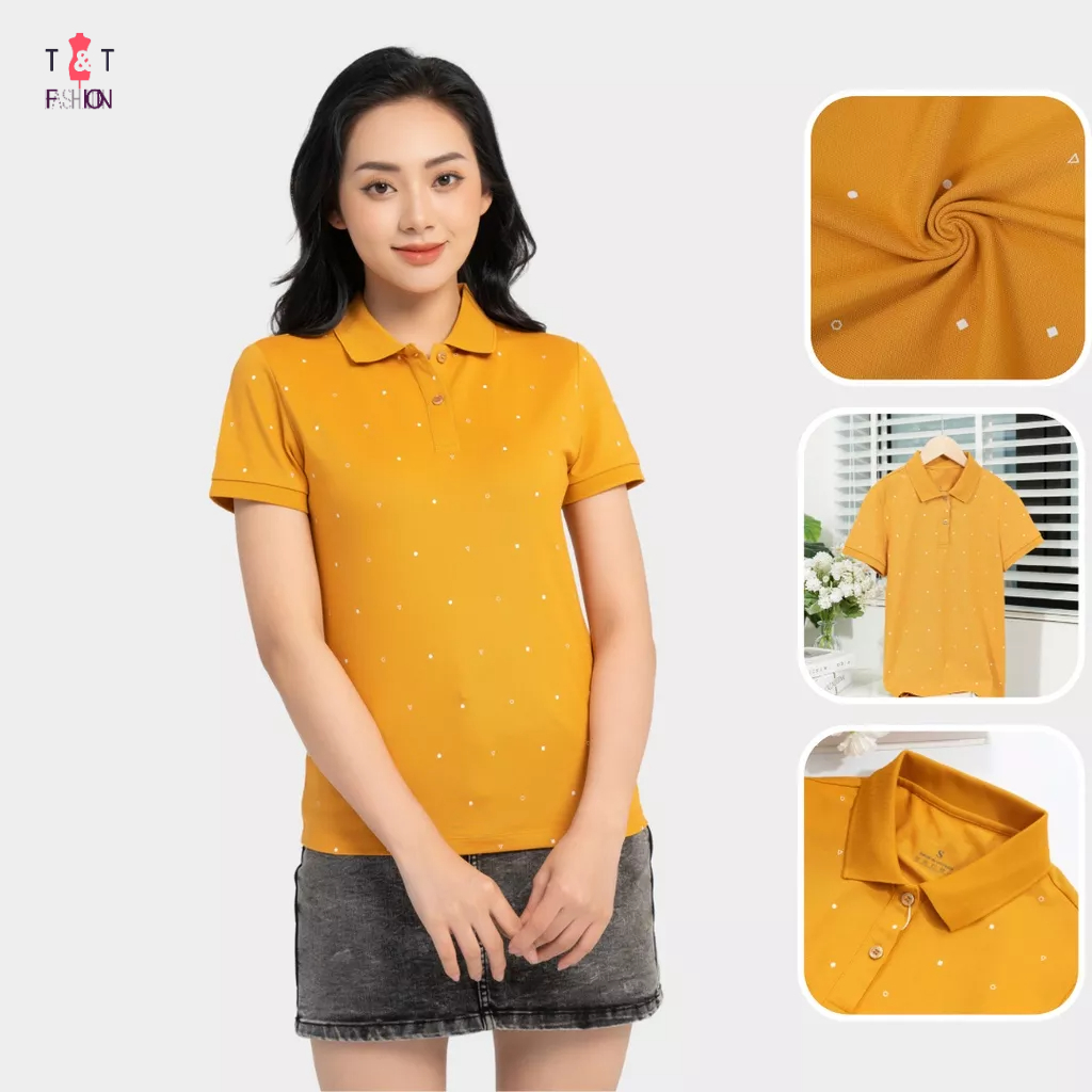 Áo polo nữ vải mắt chim in tràn hình học co giãn thấm hút mồ hôi