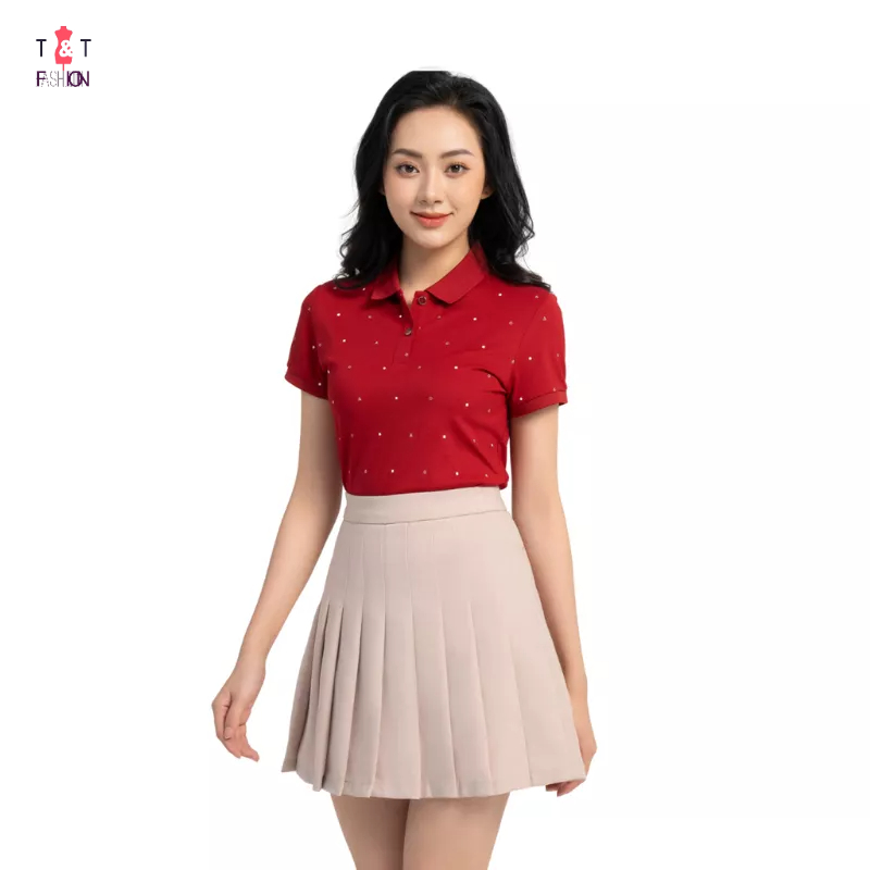 Áo polo nữ vải mắt chim in tràn hình học co giãn thấm hút mồ hôi