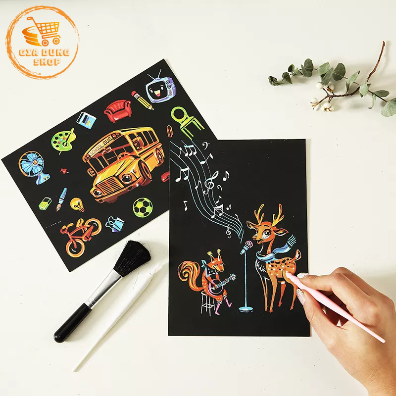 Bộ 4 Tranh Cạo Than Tre Hàn Quốc, Truyện Cổ Tích, Lâu Đài Cổ, Tranh Cào Tự Hoàn Thành (20 x 14cm) Kèm Bút