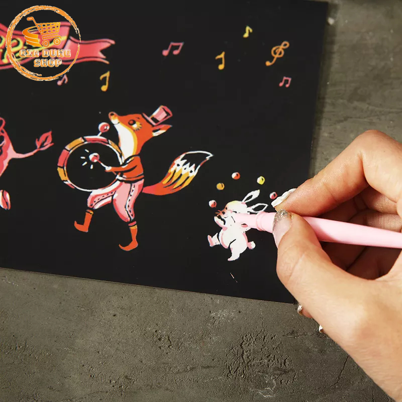 Bộ 4 Tranh Cạo Than Tre Hàn Quốc, Truyện Cổ Tích, Lâu Đài Cổ, Tranh Cào Tự Hoàn Thành (20 x 14cm) Kèm Bút