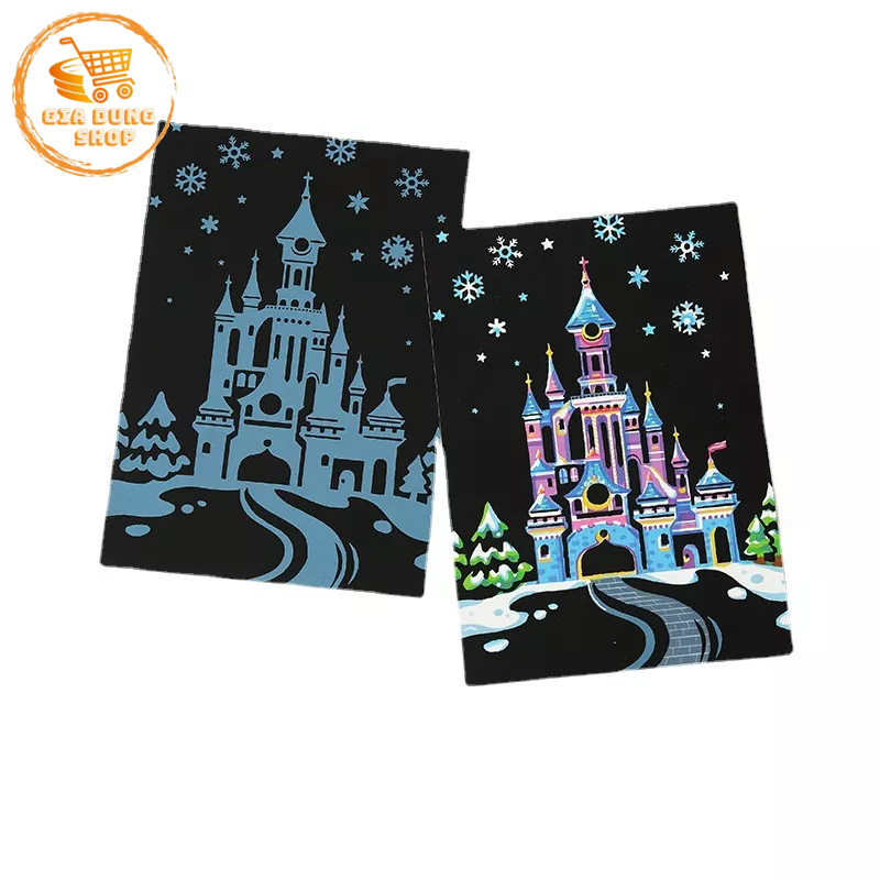 Bộ 4 Tranh Cạo Than Tre Hàn Quốc, Truyện Cổ Tích, Lâu Đài Cổ, Tranh Cào Tự Hoàn Thành (20 x 14cm) Kèm Bút