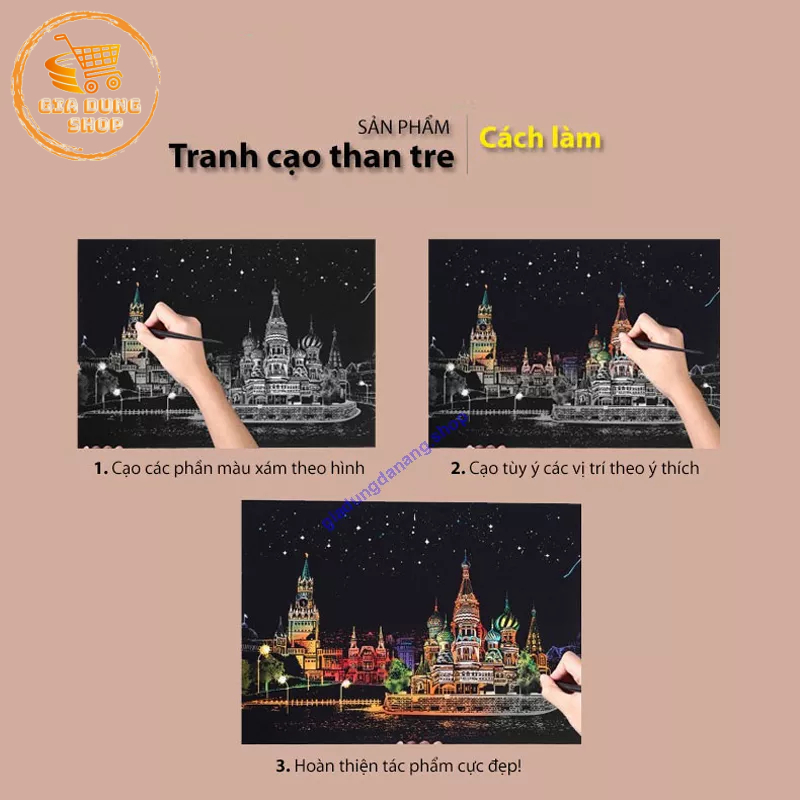 Bộ 4 Tranh Cạo Than Tre Hàn Quốc, Truyện Cổ Tích, Lâu Đài Cổ, Tranh Cào Tự Hoàn Thành (20 x 14cm) Kèm Bút