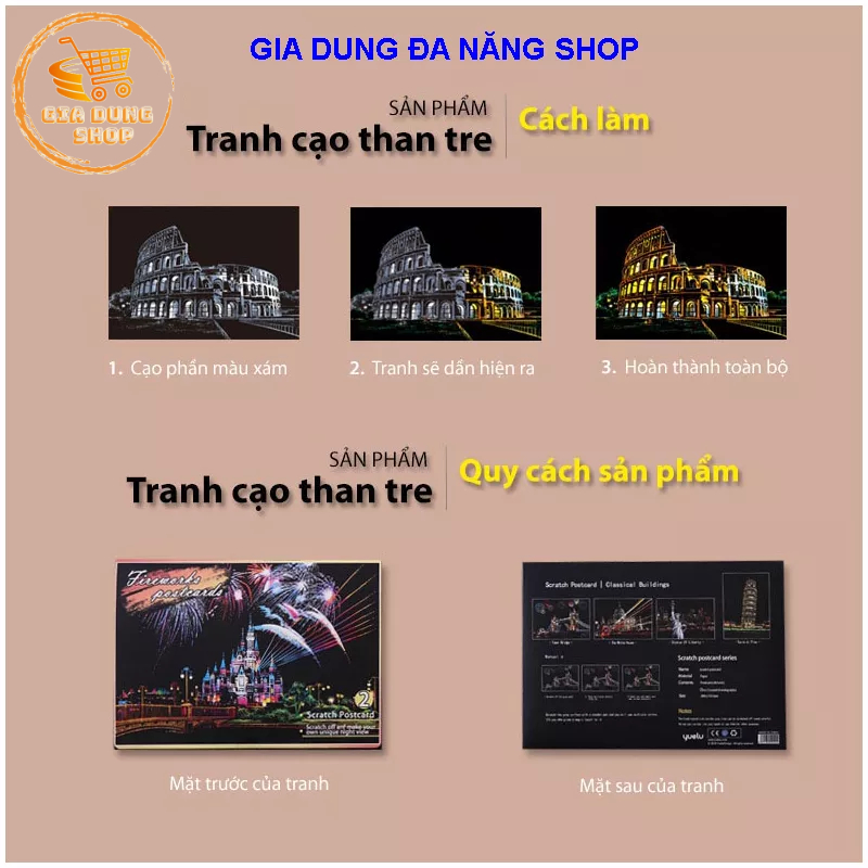 Bộ 4 Tranh Cạo Than Tre Hàn Quốc, Truyện Cổ Tích, Lâu Đài Cổ, Tranh Cào Tự Hoàn Thành (20 x 14cm) Kèm Bút