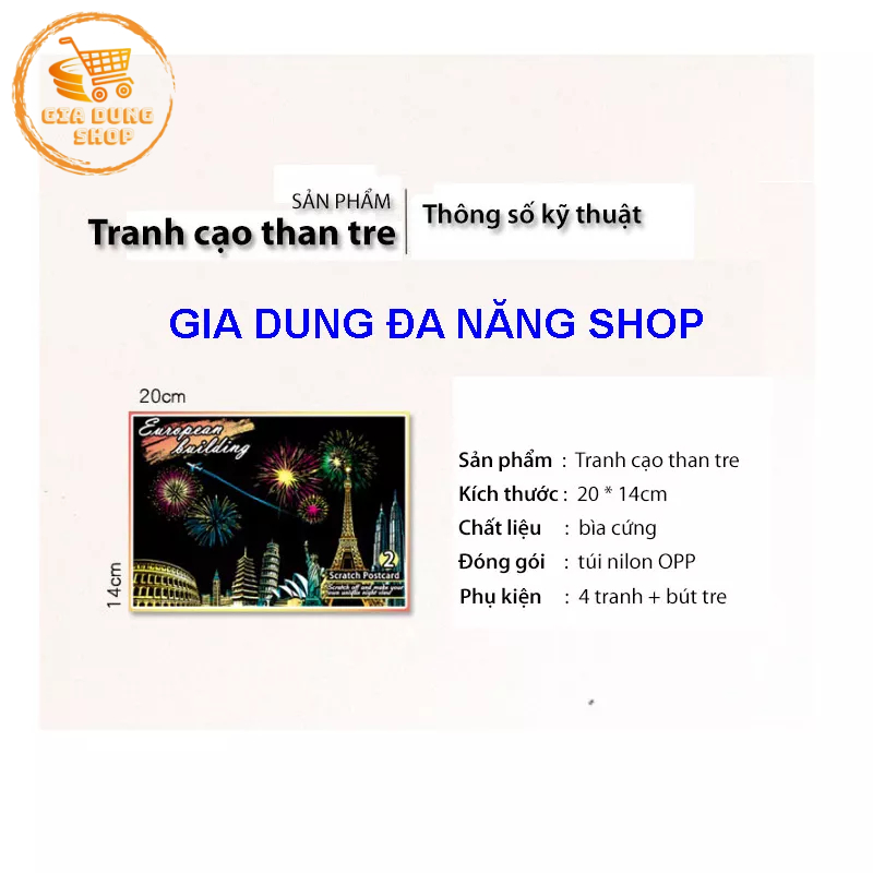 Bộ 4 Tranh Cạo Than Tre Hàn Quốc, Truyện Cổ Tích, Lâu Đài Cổ, Tranh Cào Tự Hoàn Thành (20 x 14cm) Kèm Bút