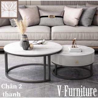 Bàn trà đôi Sofa phòng khách mặt đá tròn có hộp 1 ngăn chân kim loại sơn tĩnh điện hiện đại, sang trọng