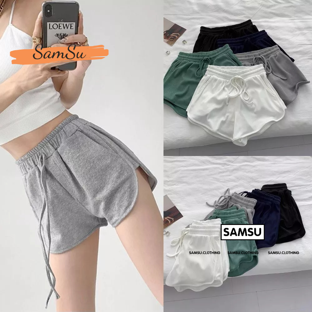 Quần đùi MẶC NHÀ nữ có dây rút xẻ 2 bên phong cách basic năng động