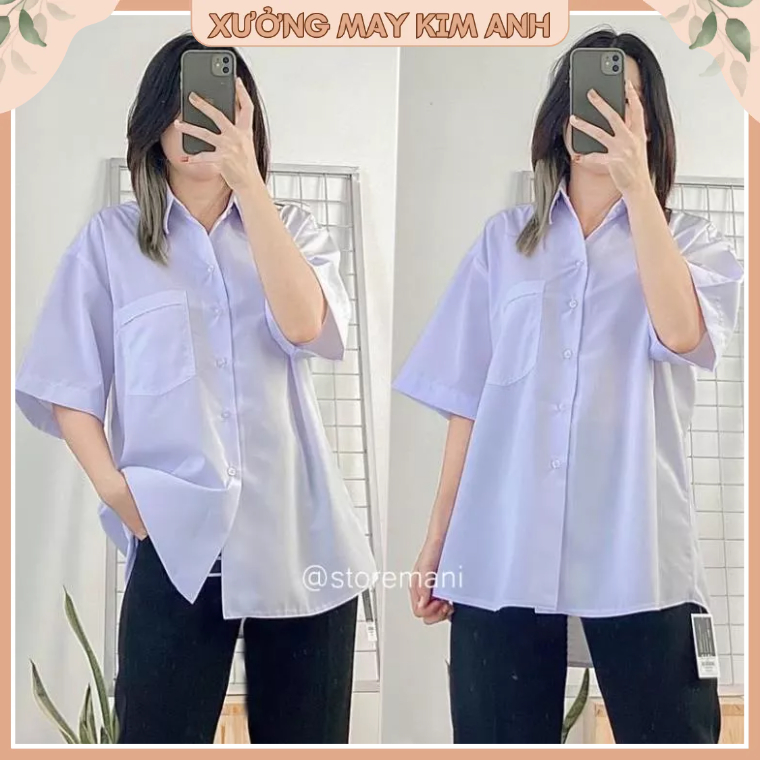 Áo Sơ Mi Nữ Form Rộng Tay Ngắn Lỡ Kiểu Dáng Basic Màu Trắng Dáng Suông Style Đi Học Sinh Viên Có Túi Ngực