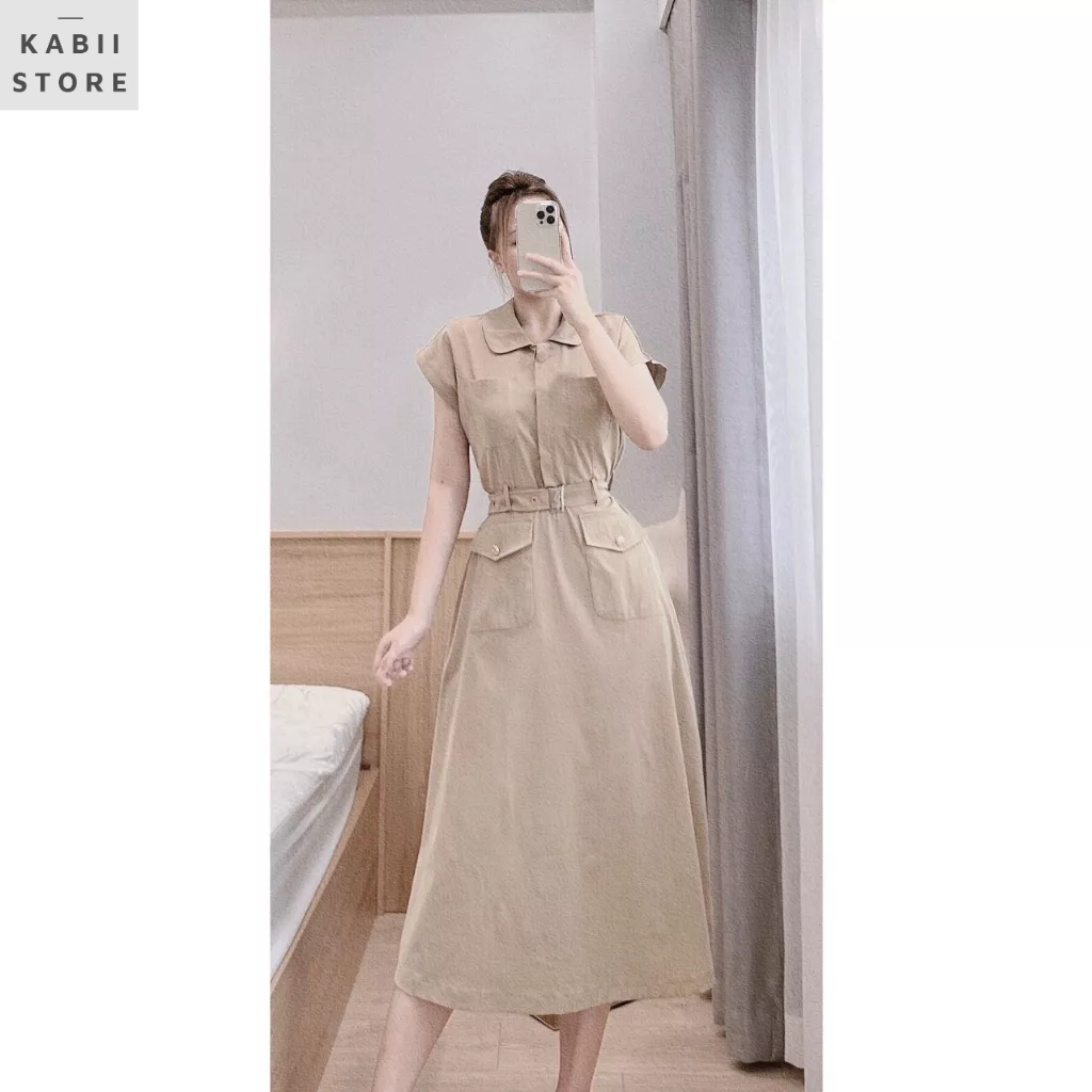Váy túi hộp dáng dài đai eo KABII, thiết kế dáng váy xoè nhẹ, chất hai da xịn xò
