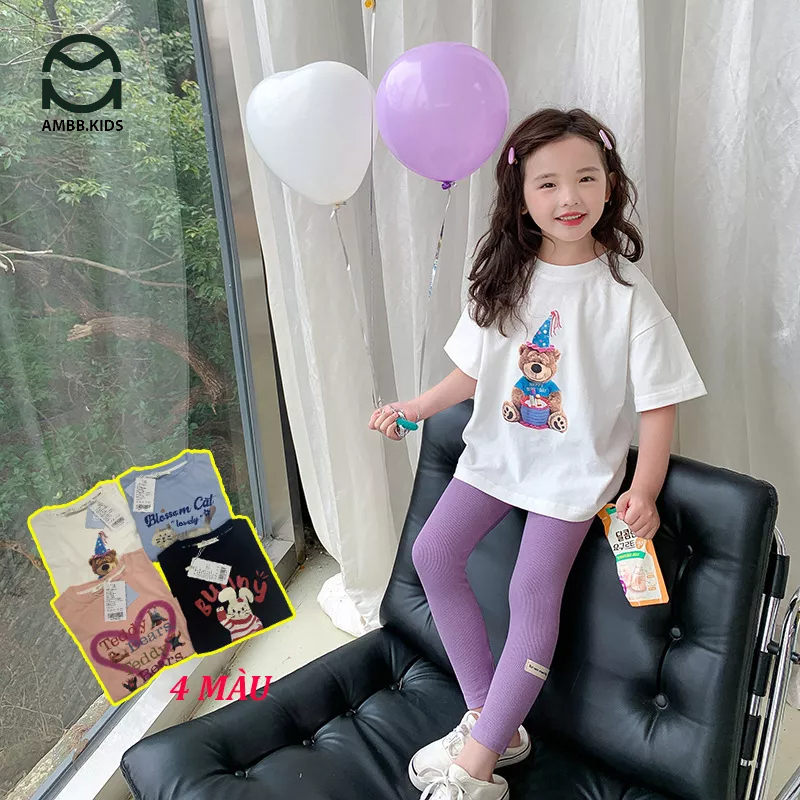 Áo phông cộc tay cổ tròn AMBB KIDS cho bé gái phong cách Hàn Quốc, vải cotton cao cấp mềm mát, họa tiết in sắc nét