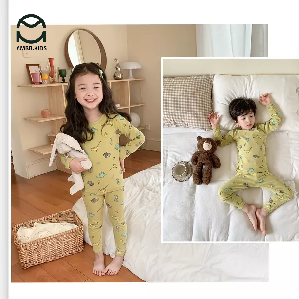 Bộ thu đông dài tay AMBB KIDS cho bé gái/ bé trai chất cotton co giãn 4 chiều, mềm mịn - Bộ ngủ thu đông cho bé