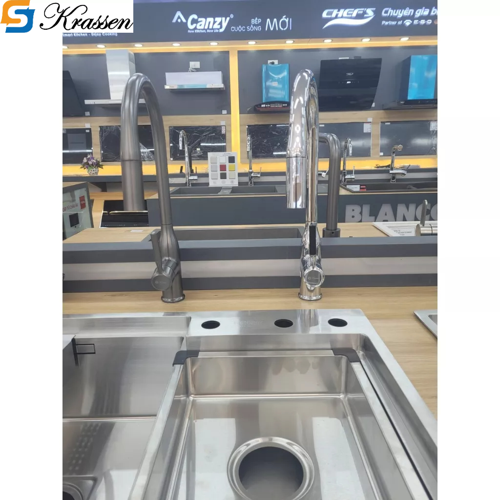Vòi rửa chén bát dây rút KRASSEN 2 đường nước nóng lạnh KR-39 / Màu Chrome bóng