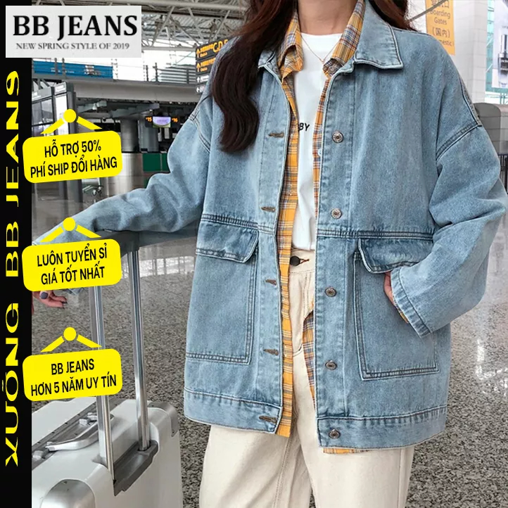 Áo khoác jean nữ dáng thụng túi lớn BaBa - áo jean nữ túi Diamond siêu lớn size 40-75kg BB Jeans