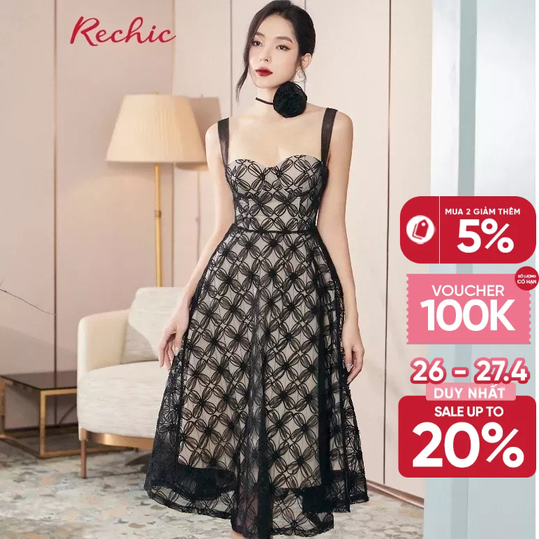 RECHIC Đầm Dài Kylie kiểu hai dây cách điệu chất liệu ren hoa quý phái thời thượng
