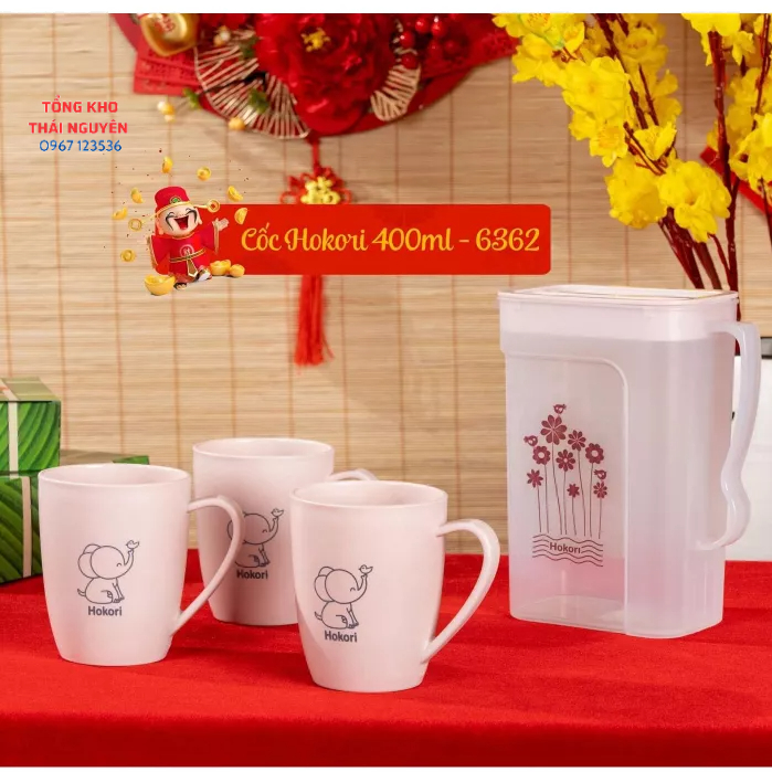 Cốc uống nước HOKORI 400ml Việt Nhật (NO:6362) màu sắc đẹp hình Cute có quai cầm cao cấp