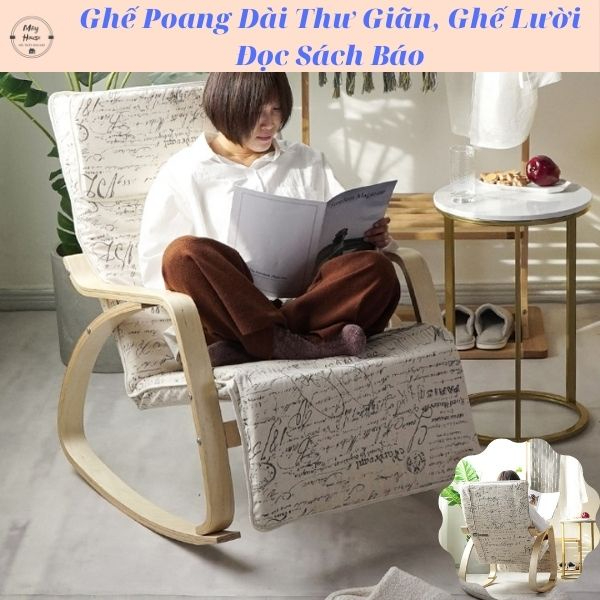 Ghế Poang dài bập bênh thư giãn, Ghế Lười Đọc Sách Báo có đôn để chân