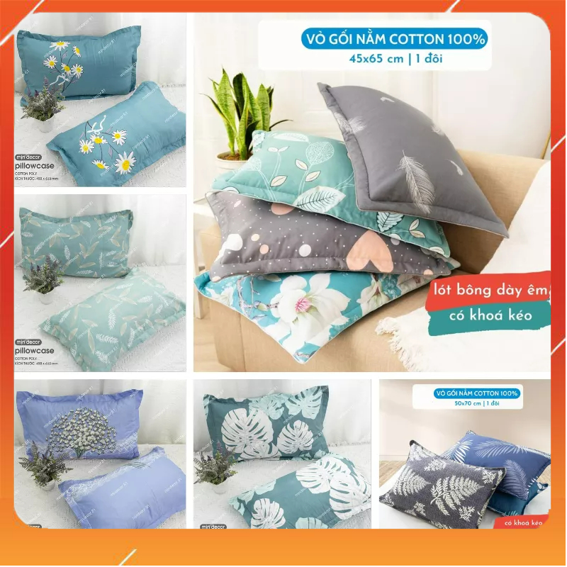 Vỏ gối nằm lót bông cotton 100% có khóa kéo kích thước 45x65cm (1c chiếc).