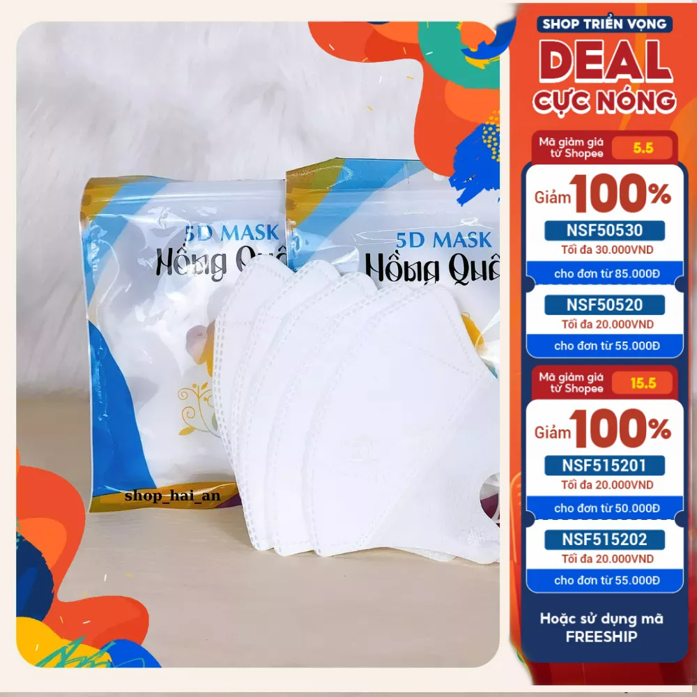 Túi 10 chiếc khẩu trang 5D y tế Hồng Quân 3 lớp kháng khuẩn