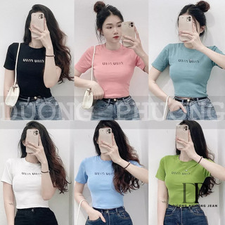 Áo croptop nữ cổ tròn tay ngắn, áo thun nữ co giãn màu trơn in chữ MIUMIU - AO020