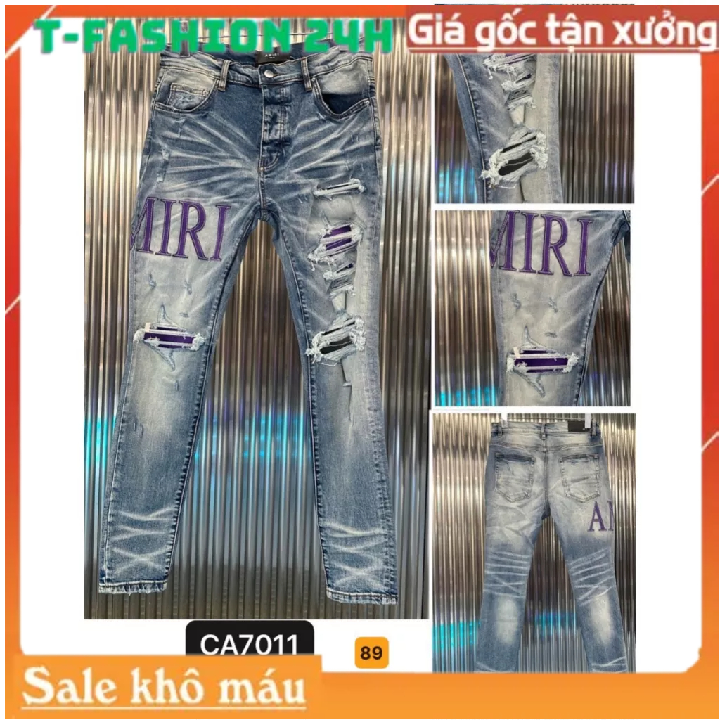 quần jean nam ống côn màu xanh kiểu rách in hoạ tiết, Quần dài jean chất vải denim cao cấp co dãn nhẹ T-FASHION 24H Ms89