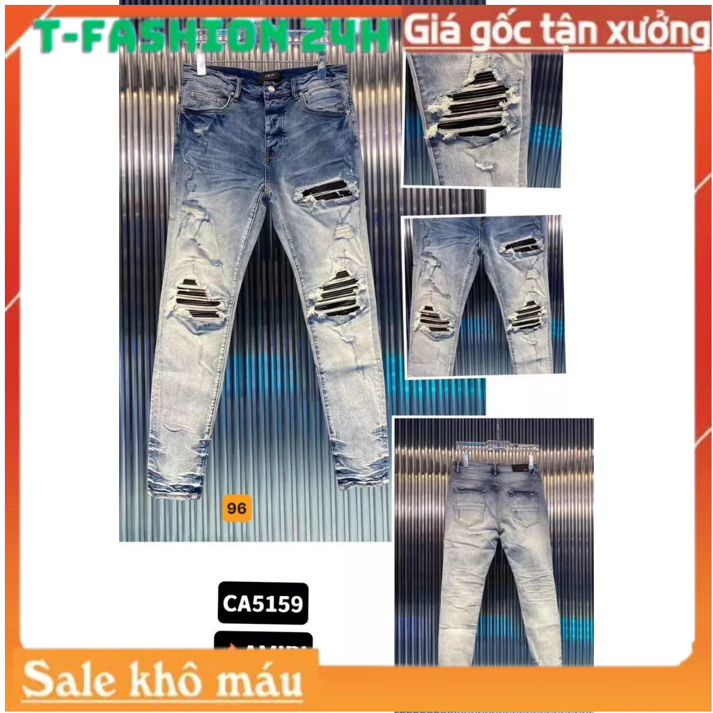 quần jean nam ống côn màu xanh kiểu rách, Quần dài jean chất vải denim cao cấp co dãn nhẹ T-FASHION 24H Ms96