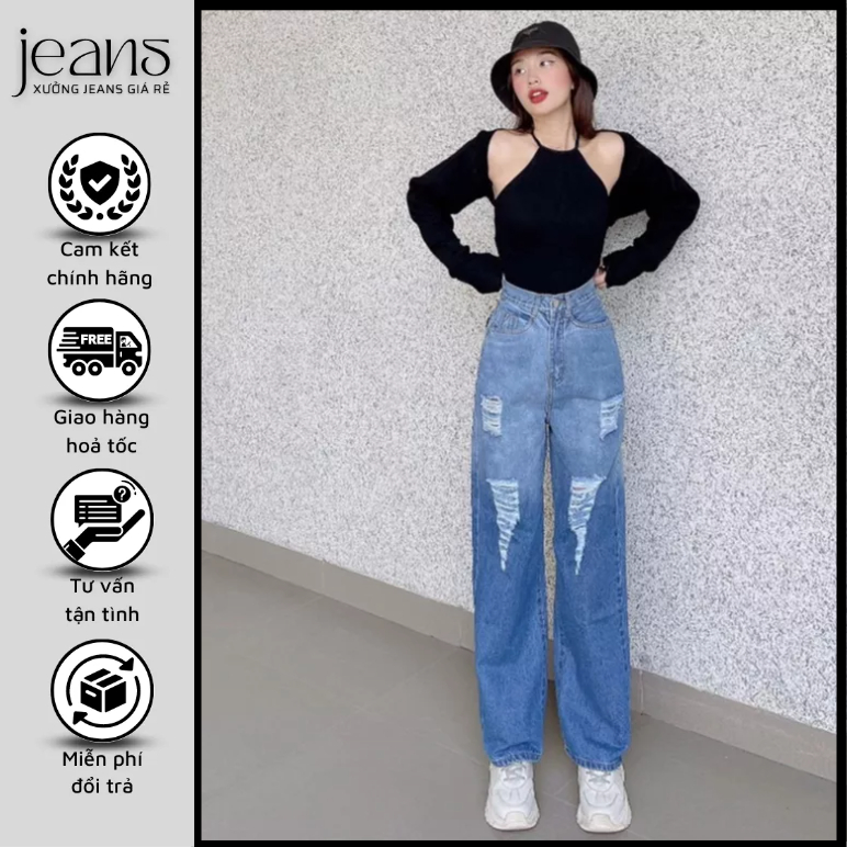 Quần Jeans Suông Nữ Ống Rộng Rách Gối Cá Tính, Quần Bò Nữ Form Rộng Lưng Cao Màu Xanh Thời Trang