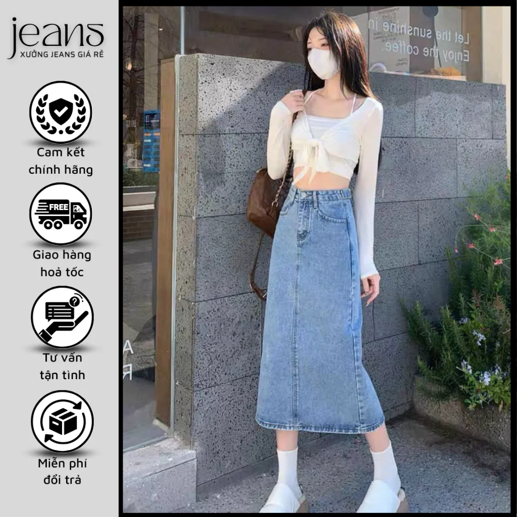 Chân Váy Jean Nữ Dáng Dài Xẻ Tà, Chân Váy Bò Cạp Cao Màu Xanh Nhạt Thời Trang Chất Liệu Jeans Cotton Mềm Mịn | BigBuy360 - bigbuy360.vn