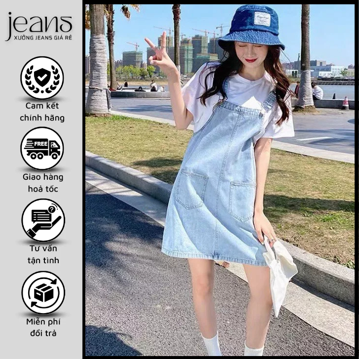 Váy Yếm Jean Hai Dây Dáng Rộng, Váy Jean Denim Cao Cấp Có Túi Phong Cách Hàn Quốc Thời Trang Năng Động