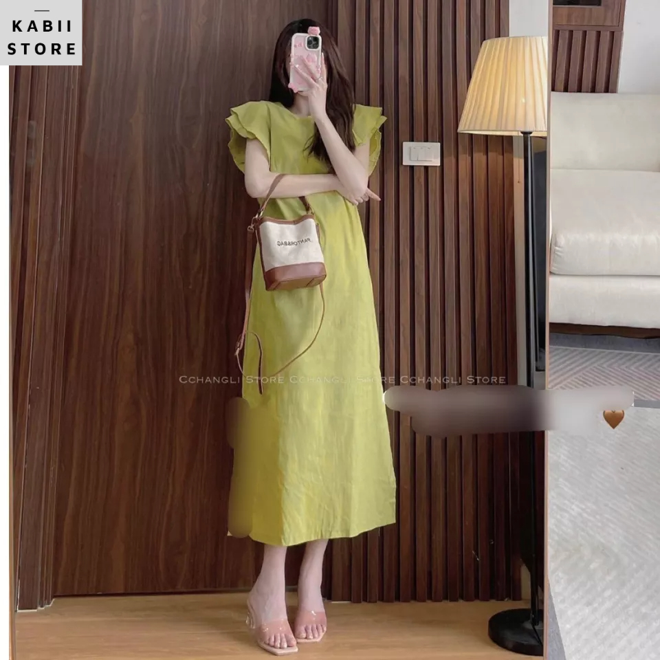 Váy cánh tiên xanh bơ bèo tay KABII, thiết kế dáng suông dài hở lưng, vải đũi lien Thái, siêu mát
