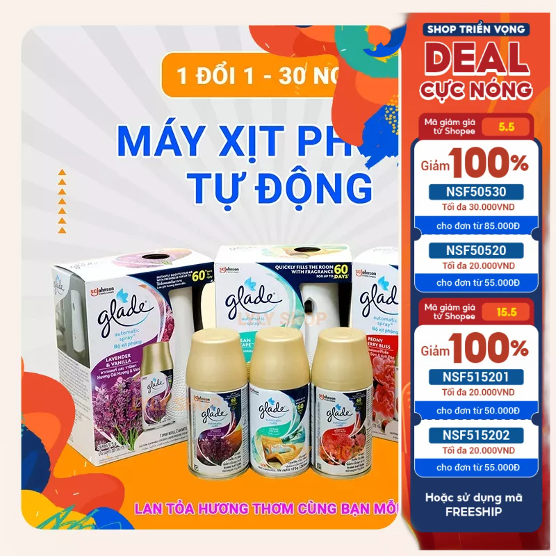 Máy xịt thơm phòng tự động GLADE Thái Lan khử mùi phòng tắm, phòng vệ sinh. Lõi tinh dầu 269ml