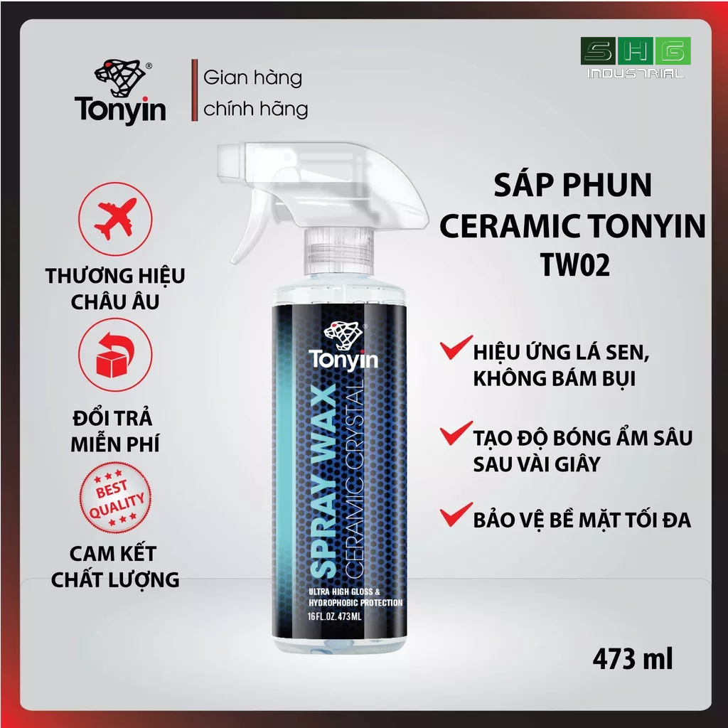 Chai xịt ceramic phủ bóng sơn ô tô SPRAY WAX Tonyin TW02 473ml, hiệu ứng lá sen, không bám bụi