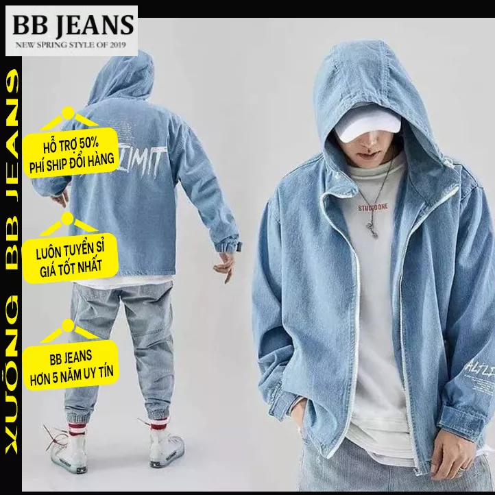 Áo khoác jean có mũ rộng chống nắng cực đỉnh chất jean cotton form rộng cho nam nữ size 40-75kg BB Jeans