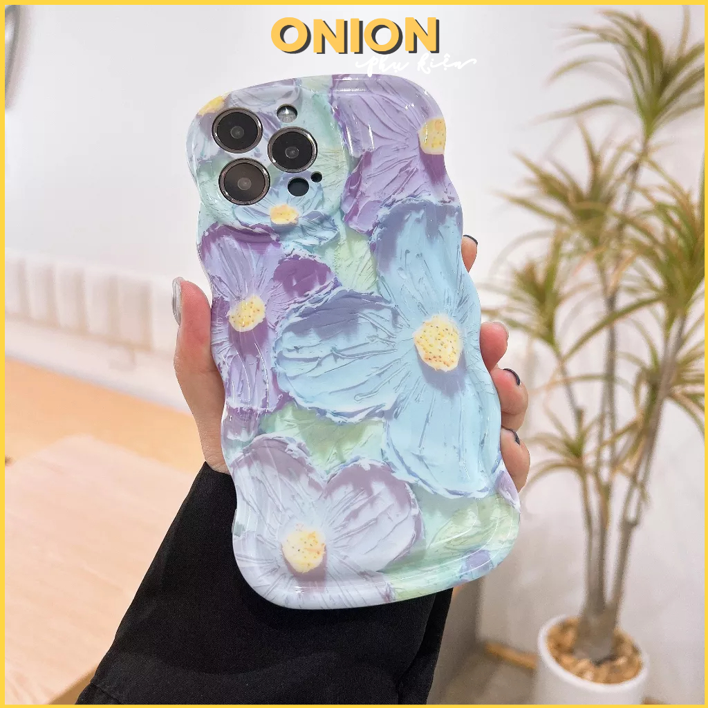 Ốp Hoa Xanh Tím Viền Sóng dành cho iPhone Xsmax 11 12 13 14 Pro Promax